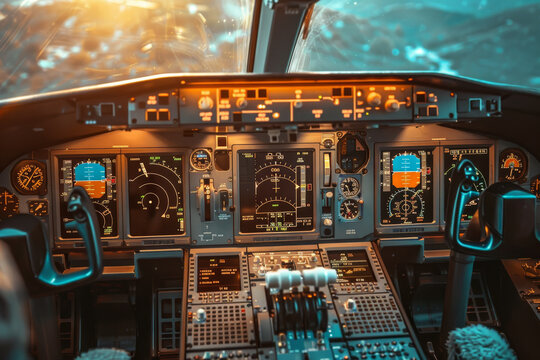 The cockpit reveals a detailed array of flight instruments, illuminated displays, and controls as the aircraft approaches a stunning sunset backdrop over the horizon
