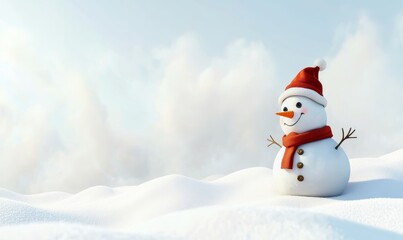 Obraz premium Cute Snowman in Santa Hat on Snowy Field
