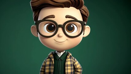 Smiling cartoon boy with glasses on green background