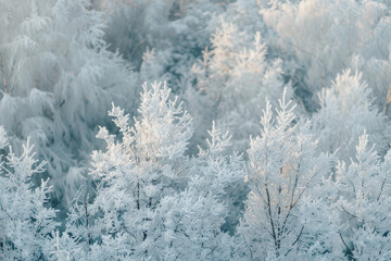 Delicate frost blankets a forest of trees, creating a tranquil winter landscape bathed in soft morning light, highlighting the beauty of nature