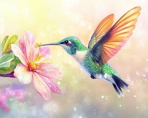 Obraz premium Hummingbird in midflight, colorful wings frozen in motion, sipping nectar from a flower, bright background, wildlife, delicate beauty