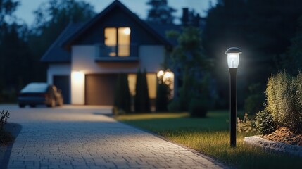 Outdoor floodlight with builtin camera, illuminating a driveway at night, modern house visible, outdoor security, dual functionality