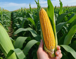 Close-up of a hand holding a fresh ear of corn in a cornfield with vibrant green leaves in the background. This image represents farming, harvest, and agricultural abundance.