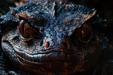 A lizard with striking textures and colors rests on a rock, blending with its surroundings. The detailed scales glisten under the daylight, emphasizing its unique features