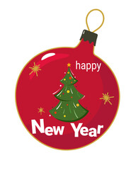 Christmas tree ball. Crimson Christmas tree ball toy with green Christmas tree and new year greetings. 