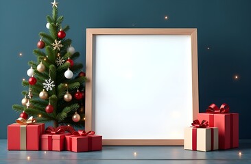 Christmas mock up with free space for text. Christmas tree and decorations with gift boxes on dark blue wall background. Copy space.