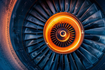 A detailed view of a jet engine turbine highlights the complex structure of the blades, featuring bright orange and deep blue hues, emphasizing advanced aerospace engineering