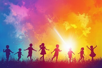 silhouette of children play on field at sunset