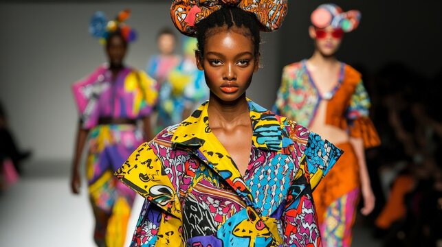 A runway show featuring unconventional fashion with asymmetrical designs and vibrant patterns