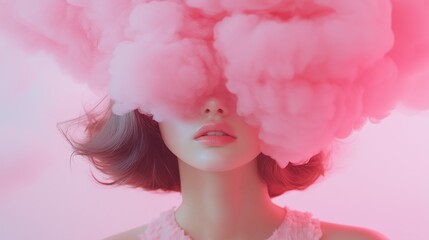 Naklejka premium Up close girl with a pink pastel cloud over her head
