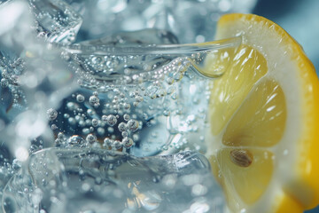A vibrant lemon slice floats in sparkling water, with bubbles rising around it, creating a refreshing and inviting atmosphere perfect for warm weather