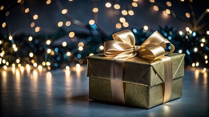 Golden Gift Box with Ribbon - Christmas Celebration Silhouette Photography