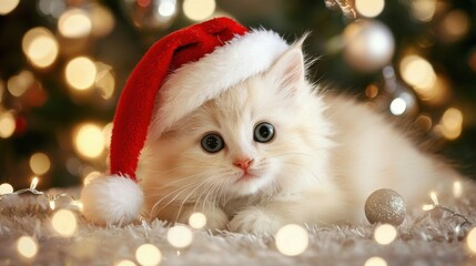 Obraz premium Adorable kitten by Christmas tree and lights