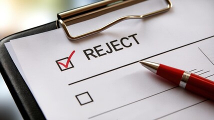 Document with reject checkbox ticked, pen placed on clipboard, white background.