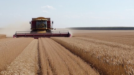 Fototapeta premium Modern combine harvester harvesting golden wheat crop in a vast agricultural field under clear blue sky, showcasing advanced farming machinery and efficient grain production process