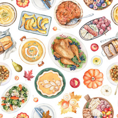 Thanksgiving watercolor seamless pattern with hand drawn illustrations, holiday dinner, stuffed turkey, pumpkin pie, soup,  traditional dishes. Holiday food, celebration table design.