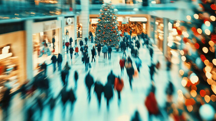 Obraz premium Festive atmosphere fills a bustling shopping mall during Christmas season with cheerful shoppers and decorations