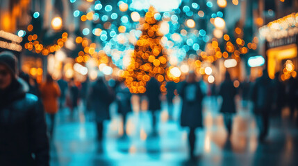 A festive crowd enjoys their holiday shopping in a bustling Christmas mall filled with colorful decorations