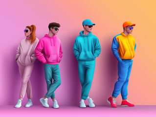 Naklejka premium Four young adults posing in colorful sweatshirts against a vibrant gradient backdrop