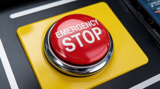 Large red emergency stop button on a device with a yellow background.