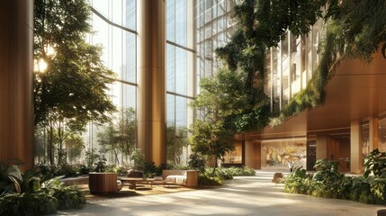 Modern office building lobby with large windows and lush greenery, featuring a seating area with couches and a coffee table.