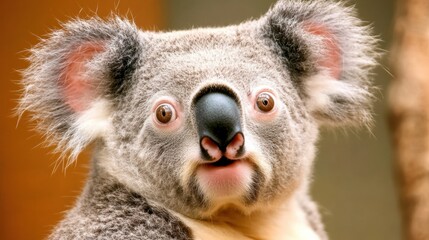 Naklejka premium Koala with wide eyes and fluffy ears gazes curiously at the camera, AI
