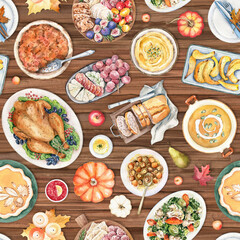 Watercolor seamless pattern with hand drawn illustrations of Thanksgiving dinner, roasted turkey, pumpkin pie, traditional dishes. Holiday food, celebration wooden table.