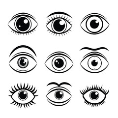 Fototapeta premium Black and white vector cartoon eyes in various poses, minimalist design for digital use