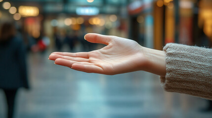 confident businesswoman extends her hand towards the camera, symbolizing welcome and opportunity. This image embodies empowerment, collaboration, and the spirit of professionalism
