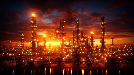 Fototapeta premium Industrial oil refinery at dusk with complex machinery glowing brightly
