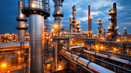 Overhead view of refinery pipelines and structures illuminated at night
