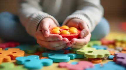Child playing with pop it toy and puzzle pieces, promoting fine motor skills and focus