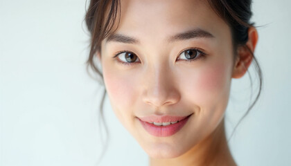 Naklejka premium A captivating close-up portrait of an Asian woman showcases her radiant beauty and confidence.
