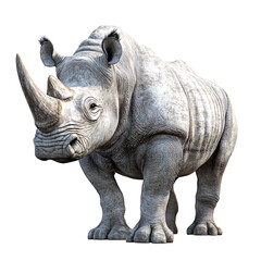 Fototapeta premium A white rhinoceros stands on a black background, its thick, wrinkled skin and powerful horns clearly visible. Generative ai