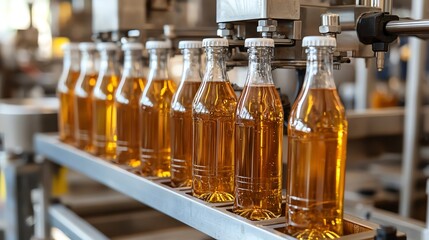 Bottles moving through a beverage filling machine in a bottling plant, beverage production line, food processing