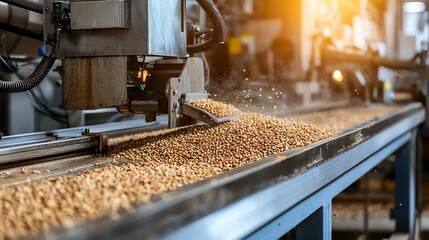 Industrial machines processing grains in a food production facility, grain processing, food production line