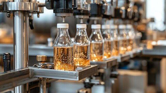 Bottles moving through a beverage filling machine in a bottling plant, beverage production line, food processing
