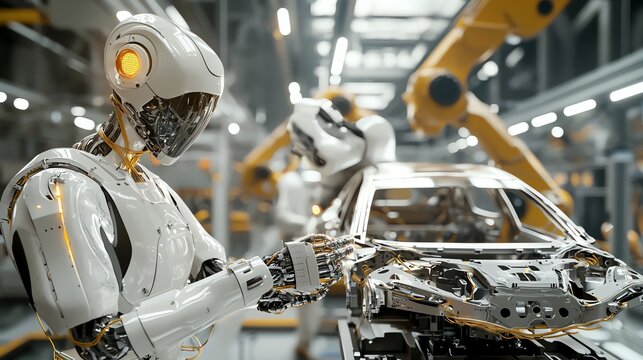 Large industrial robots moving automotive parts on a production line, automotive robotics, hightech manufacturing