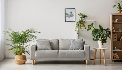 Bright Living Room with Grey Sofa and Lush Green Houseplants – Cozy Interior Design