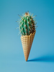 Cactus in an ice cream cone on a blue background. Creative food concept promotion. 	