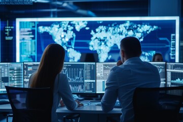 Software engineers collaborate in a modern monitoring room with multiple screens displaying data analytics