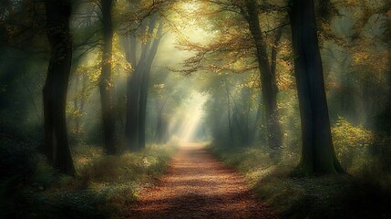 Obraz premium A peaceful woodland trail covered in a thick layer of fallen leaves, with tall trees on either side and sunlight streaming through the canopy 