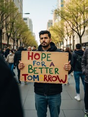 Young Activist Holding Colorful Sign for a Better Tomorrow in a Crowded Urban Protest