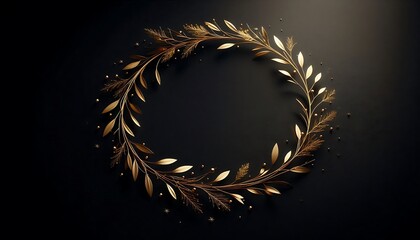 Gold Wreath on Black,minimalist gold wreath shining on matte black background,generative ai