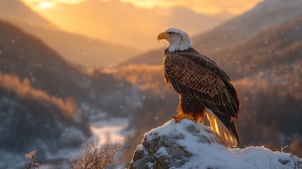 Fototapeta premium A majestic bald eagle stands on a snowy mountain peak at sunrise.