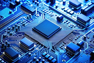 "Abstract Blue Circuit Board with Chips - Close-Up Technology Background"