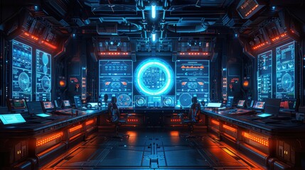 Obraz premium Futuristic Control Room with High-Tech Interfaces