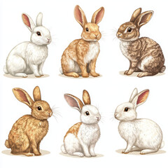 Obraz premium Cute rabbits in various colors and poses, showcasing their fluffy fur and distinct features. These charming animals evoke sense of joy and playfulness