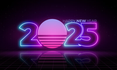 2025 Text Design. Vector 2025 neon Illustration Design Element for New Year 2025 Social Media Post, Greeting Card, Banner, Poster, Retro Text Effect, vintage style of eighties, cyberpunk style