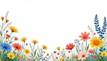 Obraz premium Colorful floral meadow frame with a variety of wildflowers, copy space for design